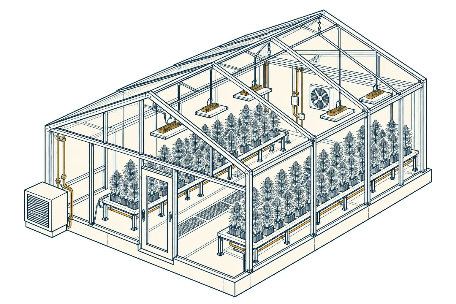 Desenho técnico isométrico de cultivo em ambiente controlado, com bancadas, iluminação e estrutura da estufa